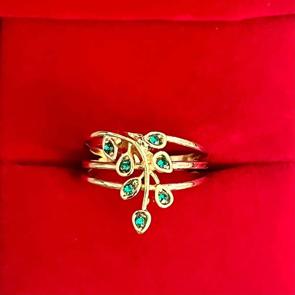 Gold-Tone Green Rhinestone Leaf Branch Statement Ring Size 6